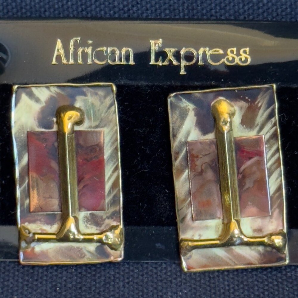 African Express Rectangular Gold-Tone & Marbled Clip-On Earrings Made In South A